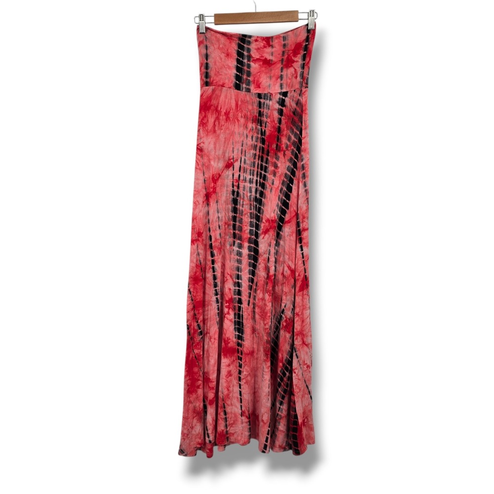 Leshop Womens Red Black Tie Dye Maxi Skirt Small Fold Over Waist Jersey Boho